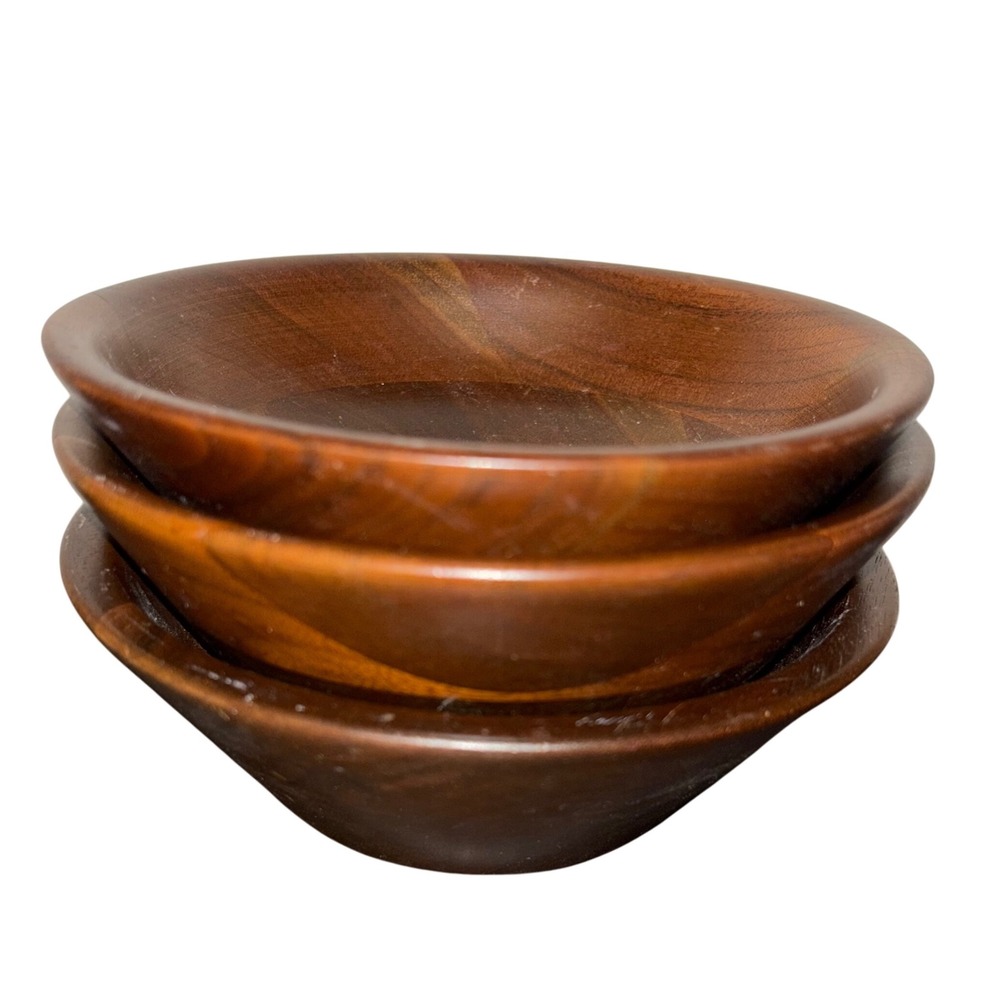 Set of 3 Vintage Vermillion Real Walnut Wood Bowls MCM Appetizer‎ Serving